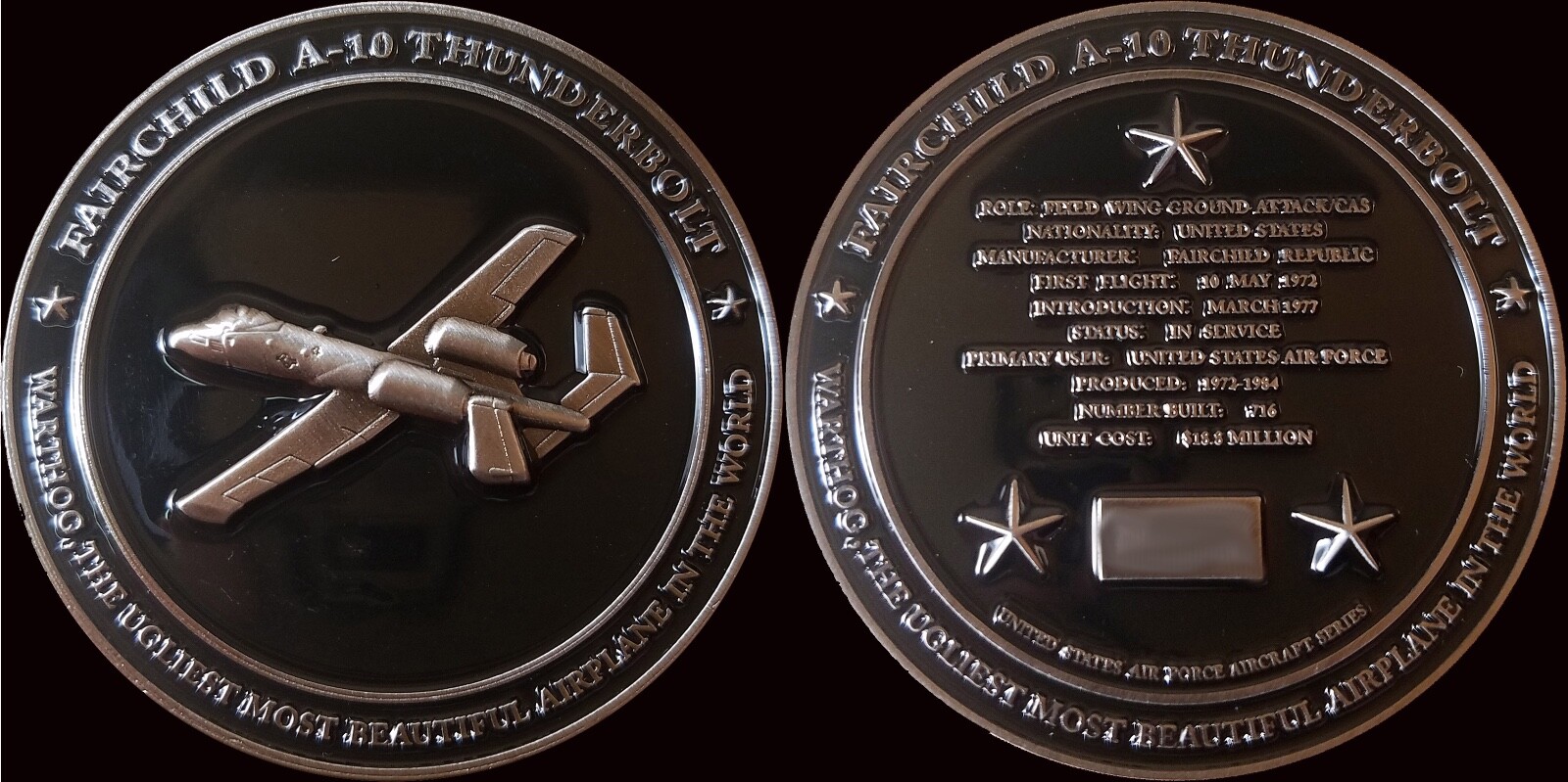 A-10 'WARTHOG" THUNDERBOLT US AIR FORCE FAIRCHILD AIRCRAFT CHALLENGE COIN 2"  19
