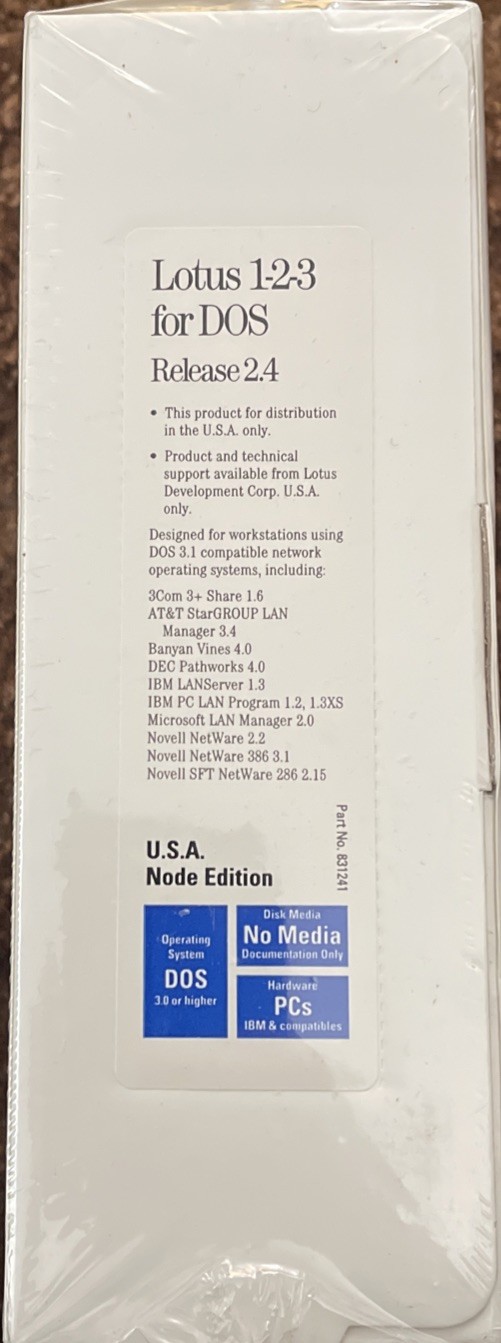 Lotus 1-2-3 For DOS Release 2.4. USA Node Edition-Network Version No Media New