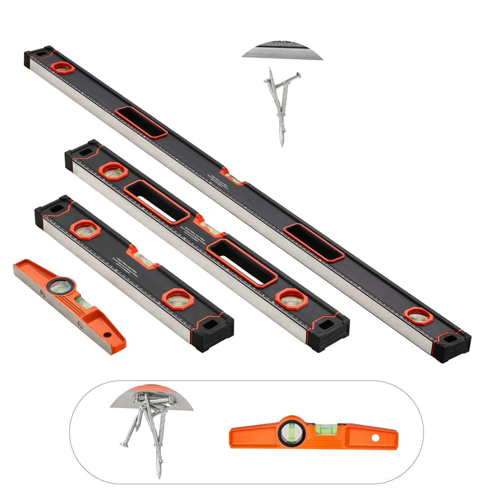 4pc Torpedo Level, 48/24/16/10 Inch Box Levels Set, Fluorescent Light Up Bubble