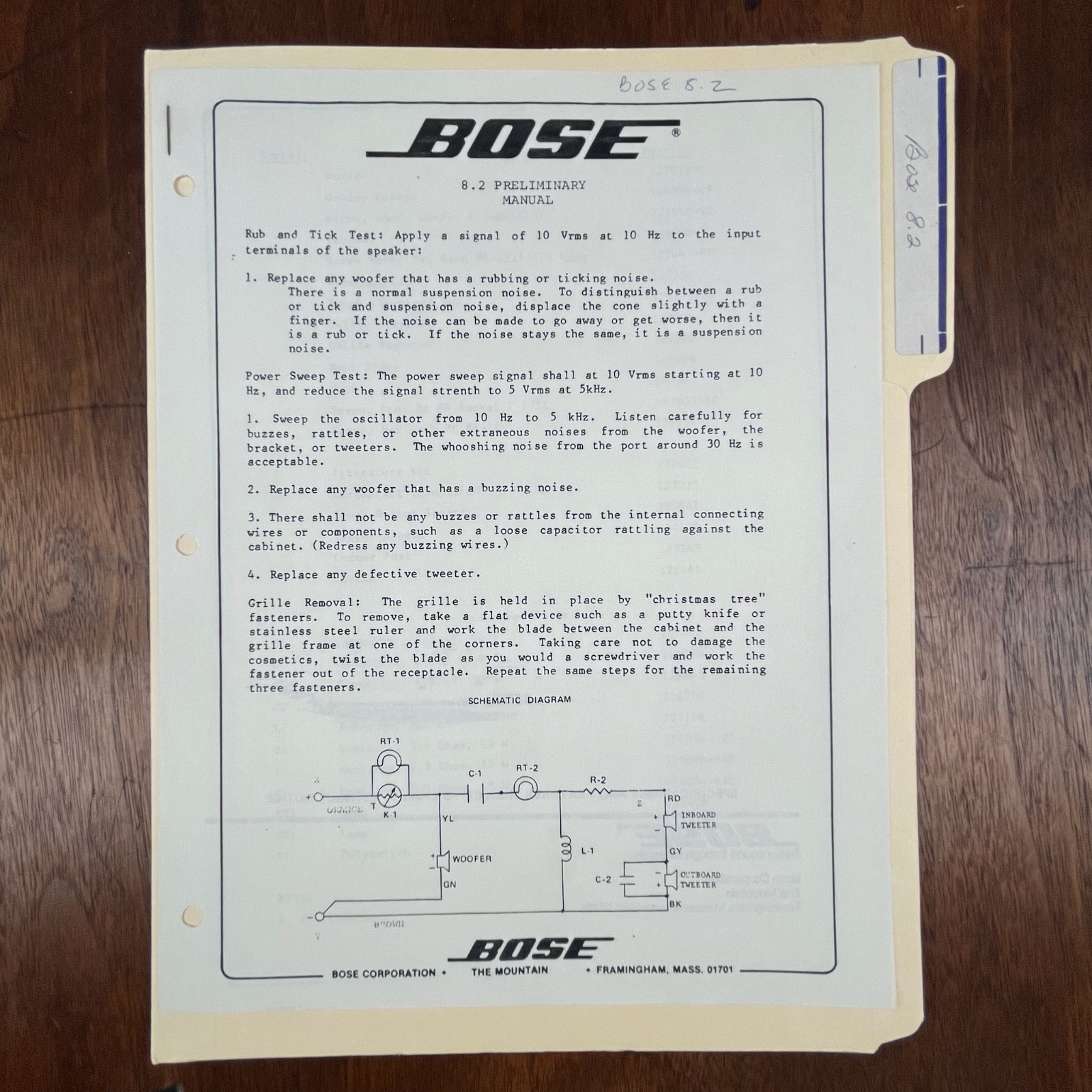 VINTAGE BOSE 8.2 PRELIMINARY MANUAL AND PARTS LIST