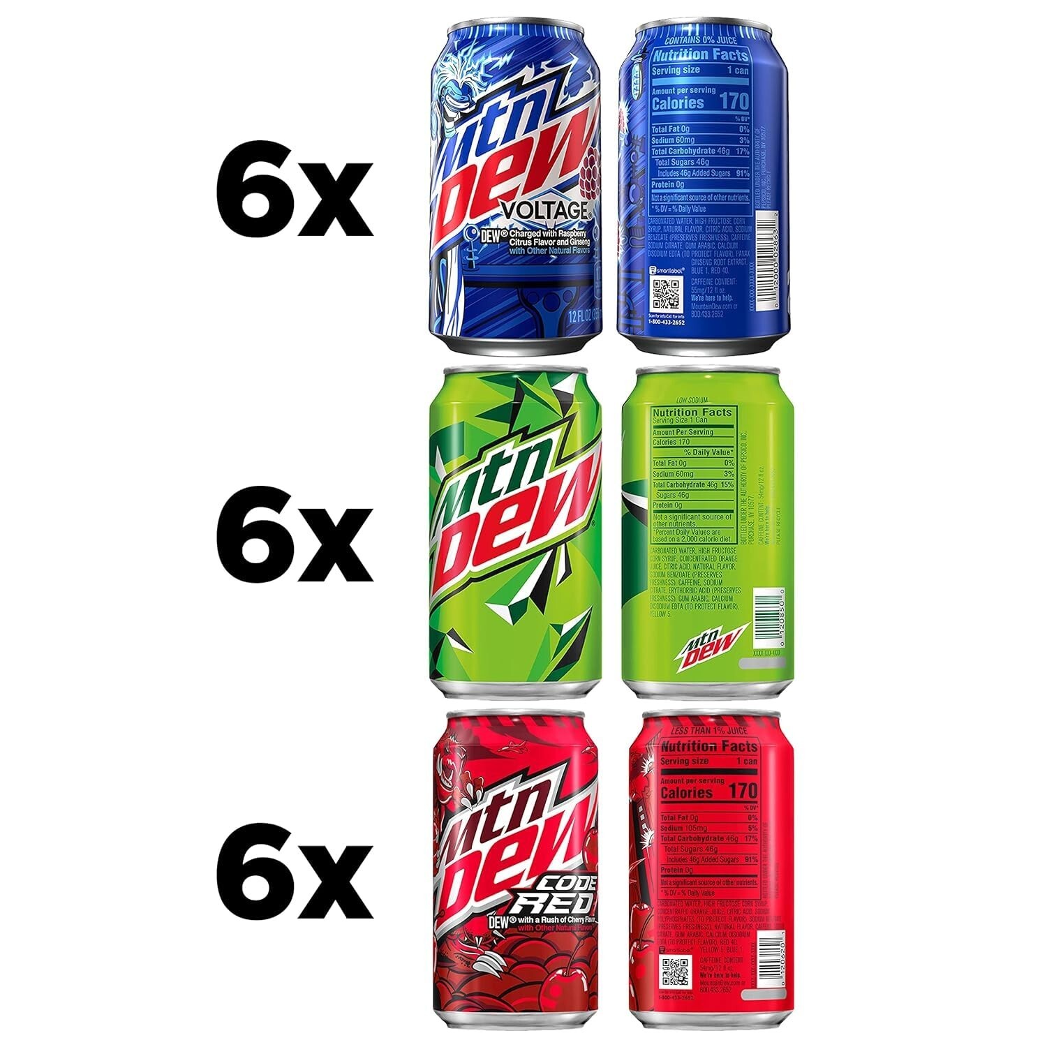 Mtn Dew 3 Flavor Variety Pack: Code Red, Voltage & Original - 12 Fl Oz, 18 Cans