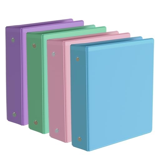 2-Inch Binder 3 Ring, Round Ring with 2 Interior Pockets, 2 in Binder 4 Pack
