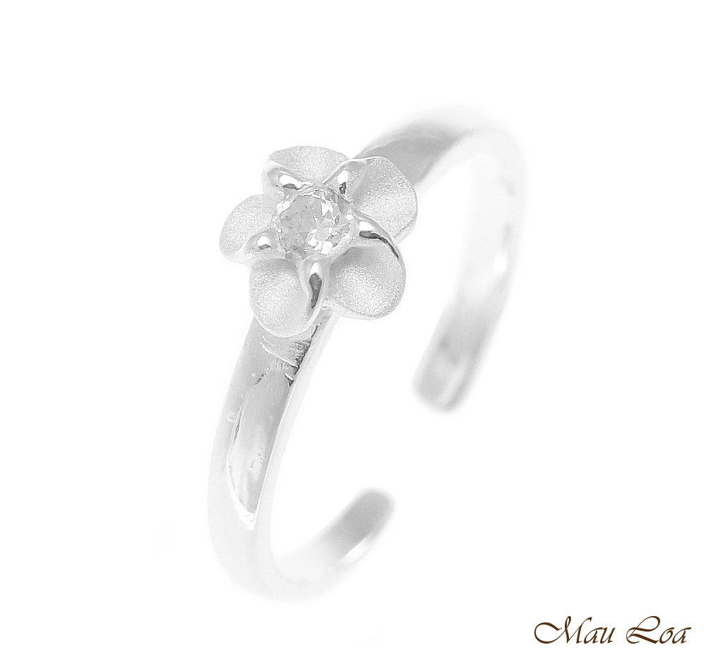 925 Sterling Silver Hawaiian Single Plumeria Flower White CZ Open Toe Ring
