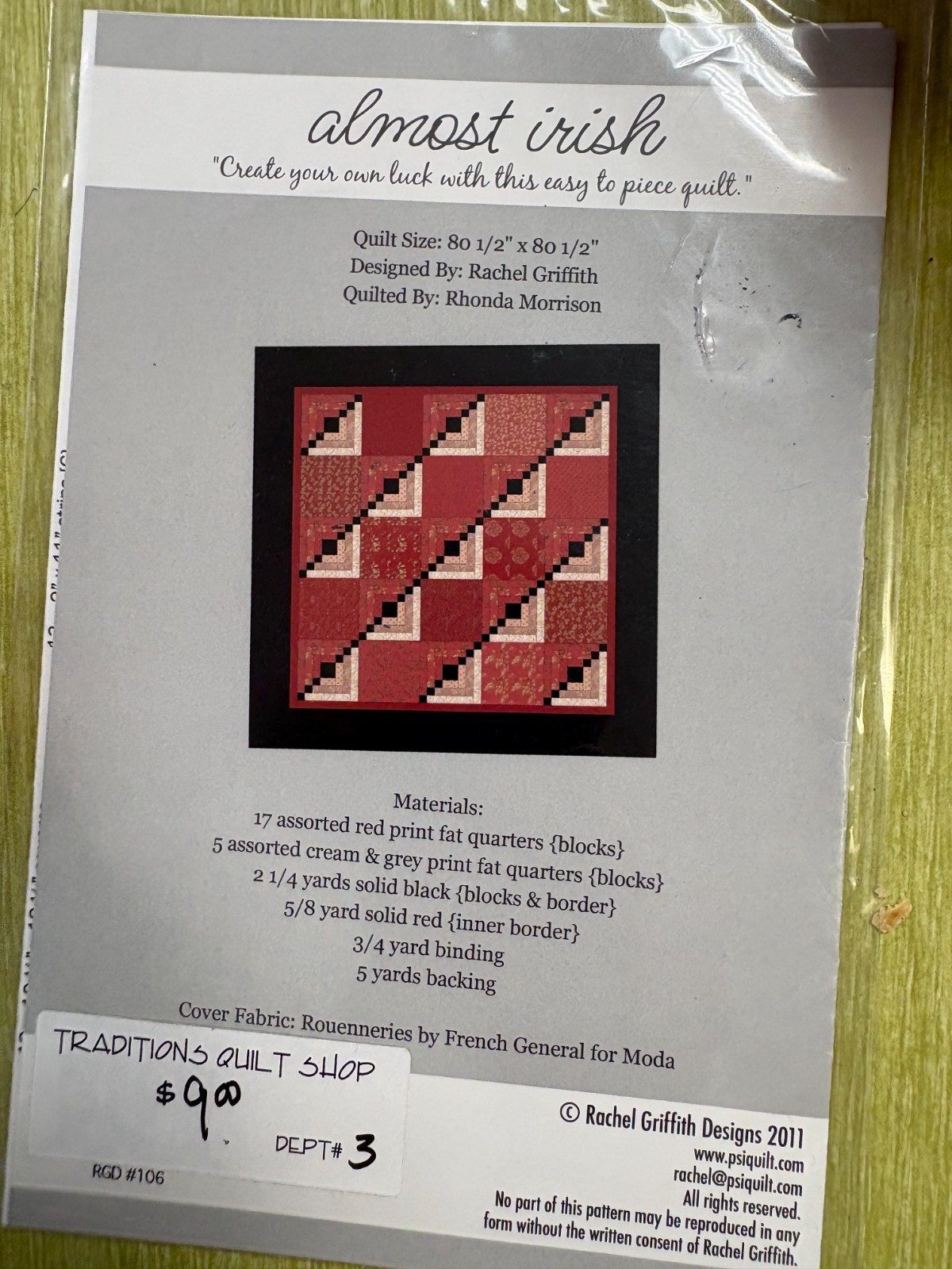 Almost Irish Quilt Pattern by Rachel Griffith Designs 80 1/2" x 80 1/2" piecing