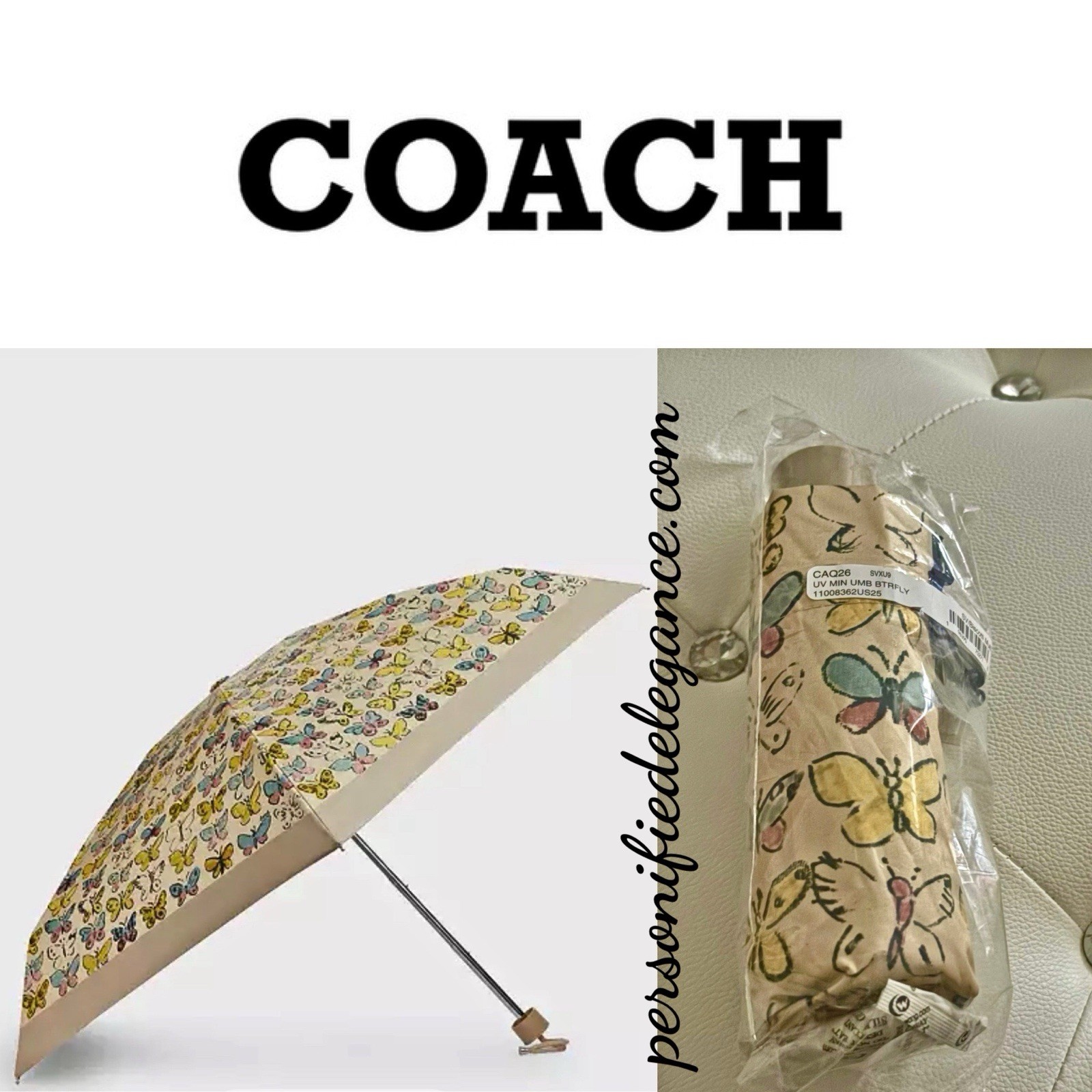 NEW Coach Butterfly Print Biscotti Multi UV Protection Mini Umbrella $78