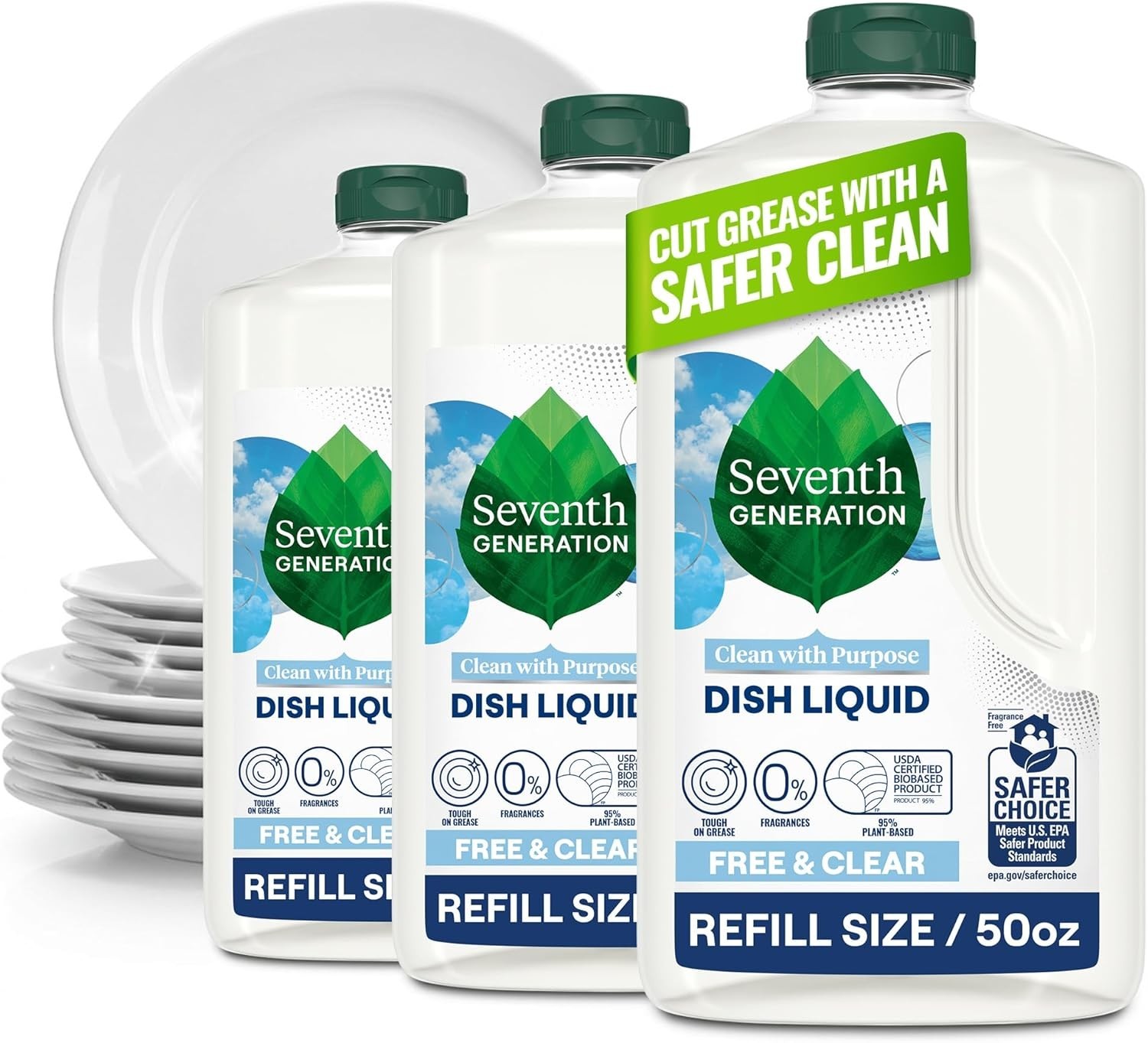Dish Soap Refill, Free & Clear, 50 fl oz, 3 Pack, Plant-Based Dishwashing Liquid