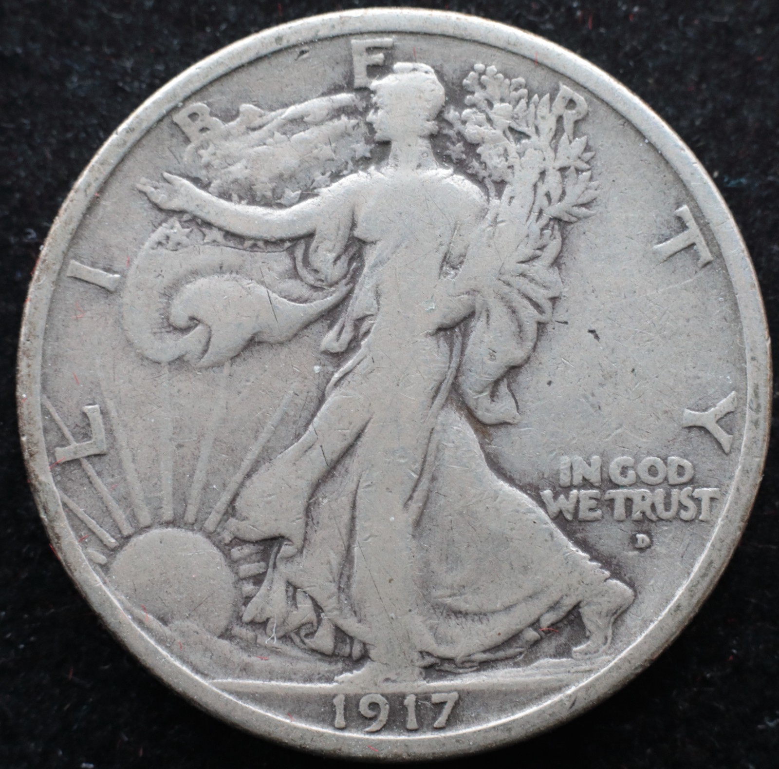 KAPPYSCOINS GH712 1917D D  OBVERSE FINE  SILVER  WALKING LIBERTY HALF DOLLAR
