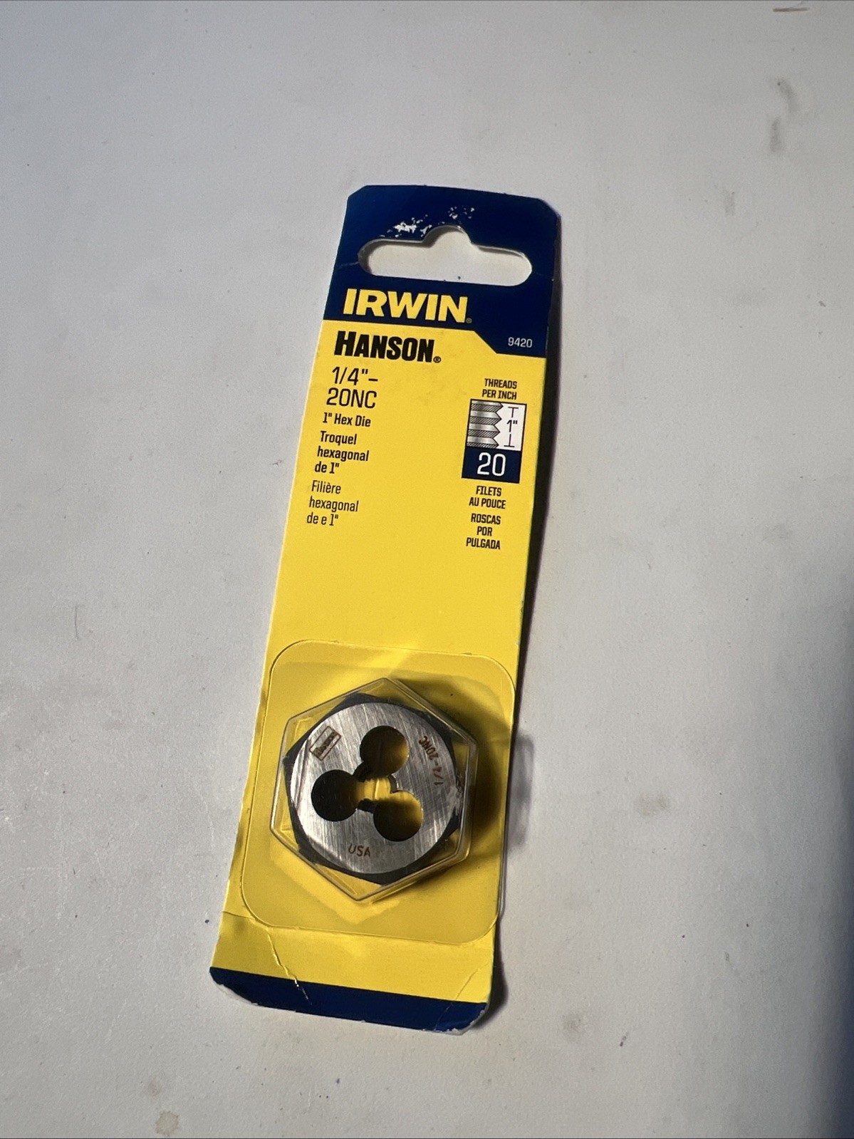 Irwin Hanson 1/4"-20NC 1 inch HEX DIE #9420, UPC 042526094200, Made in USA