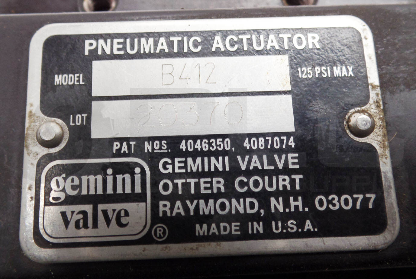 NEW GEMINI VALVE B412 PNEUMATIC ACTUATOR 125PSI