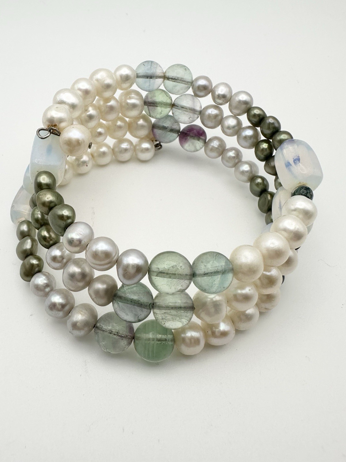 Freshwater Pearl Opalite Fluorite Wire Bracelet