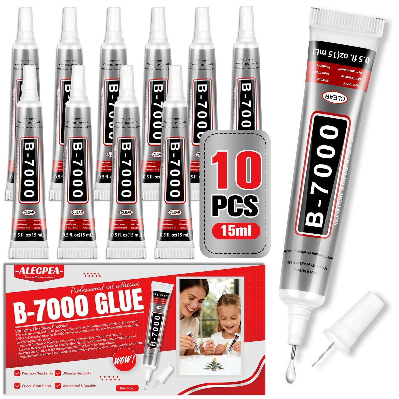 B-7000 Glue Clear with Precision Tip, 15ml 10 Pack Multi-Function Craft Adhes...
