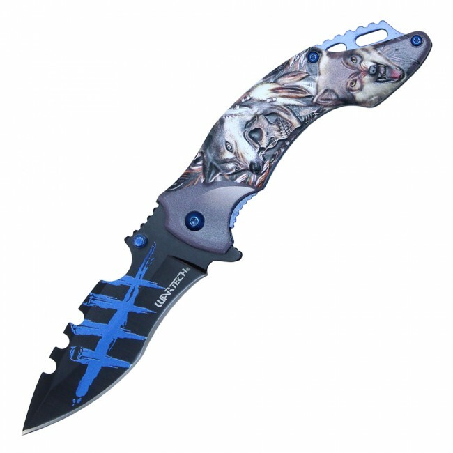 Spring-Assist Folding Knife | Wartech 3.5" Black Blade Fantasy Skull Wolf - Blue