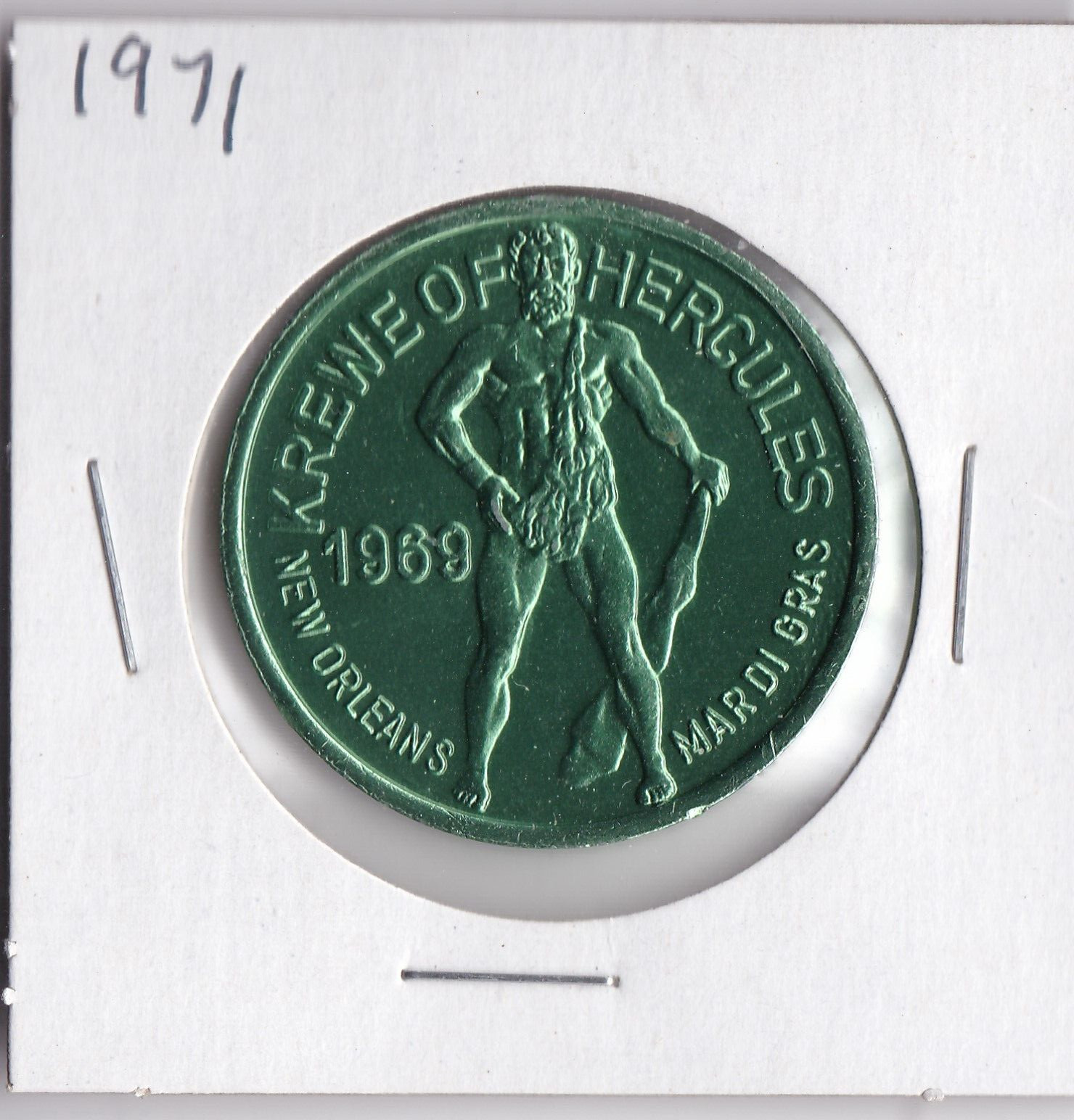 1971 KREWE OF HERCULES New Orleans Mardi Gras Aluminum DOUBLOON (Green L1)