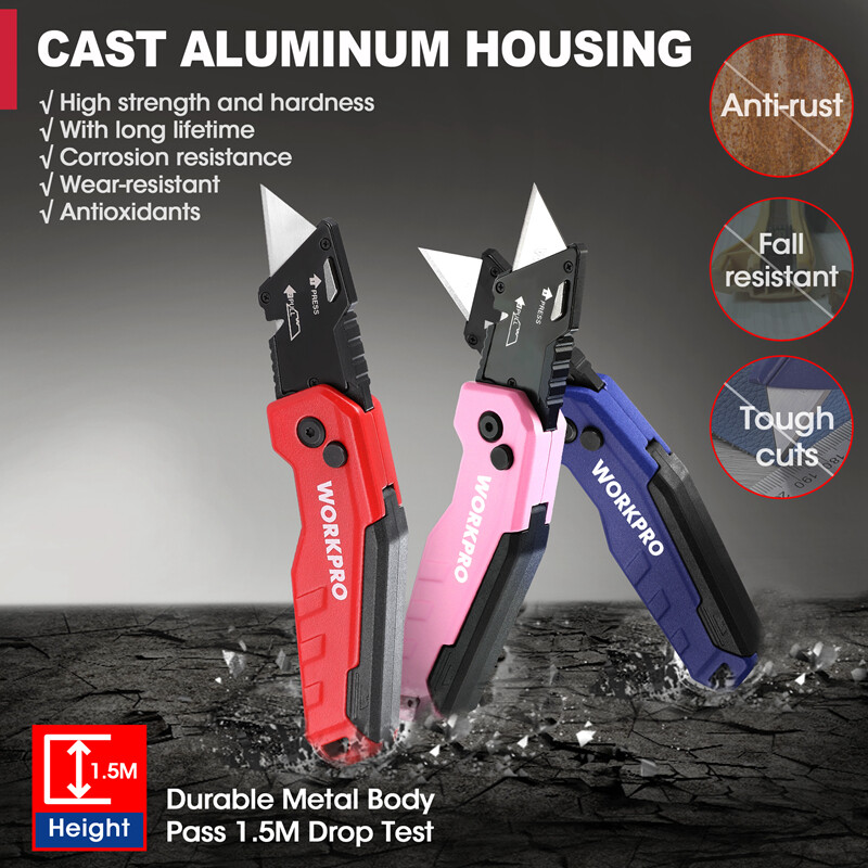WORKPRO Folding Utility Knife Quick Change Box Cutter w/13PC Blade Red/Blue/Pink