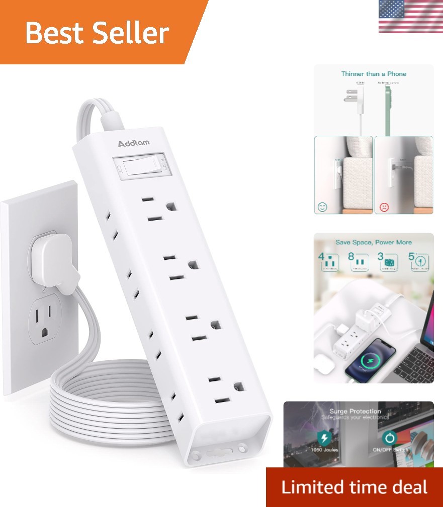 Compact 12-Outlet Flat Plug Power Strip, Wall Mountable with 3 USB Ports