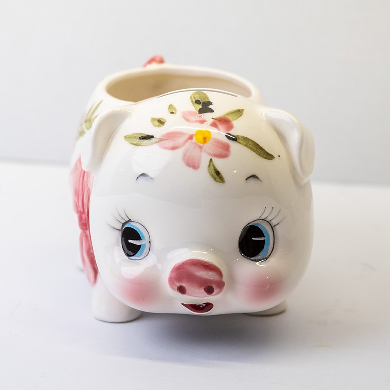 Pink Floral Piggy Planter