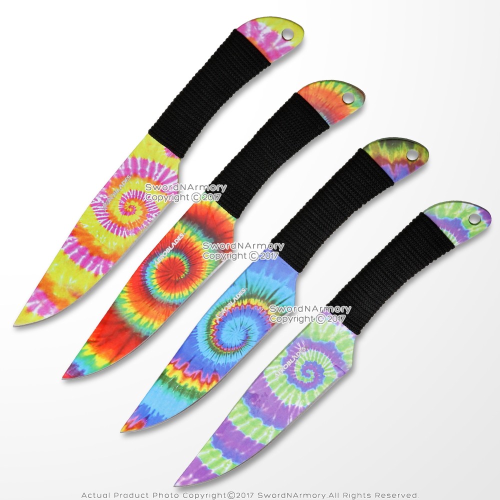 4 Pcs 9" Tie Dye Throwing Knife Set Fixed Blade Stainless Steel with Pouch