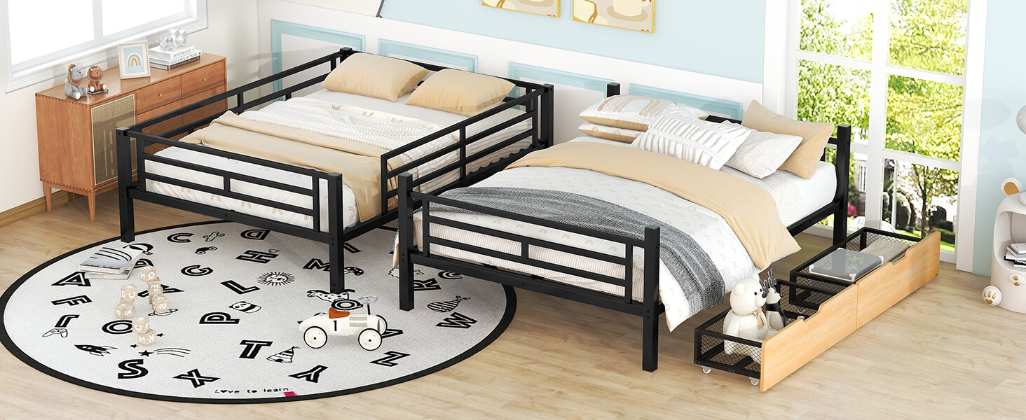 Metal Bed Frame Full Size Convertible Bunk Bed with 2 Drawers for Bedroom Black