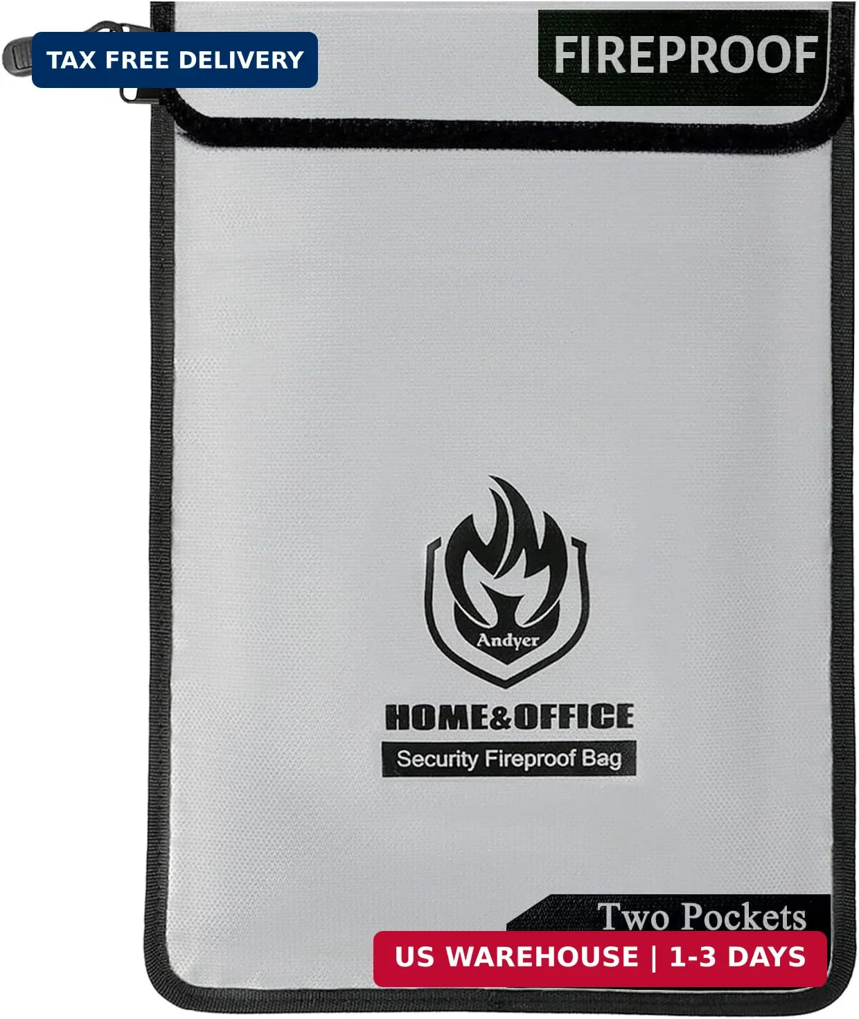 Upgraded Two Pockets Fireproof Document Bag (2000℉), andyer 15"x 11"Waterproof F