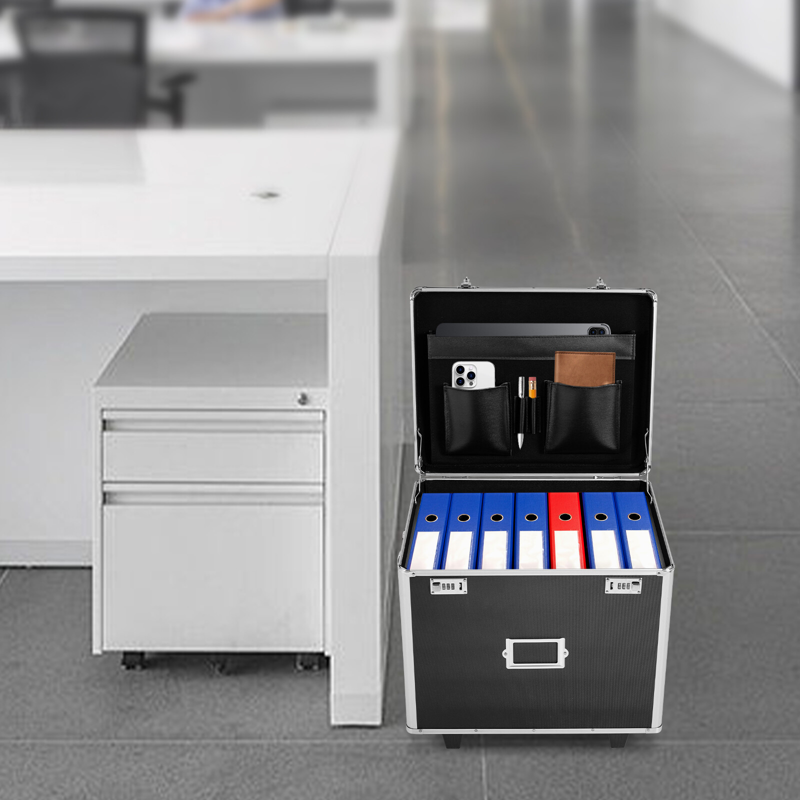 Aluminum Alloy Locking File Organizer Box with Wheels and Telescoping Handle US!