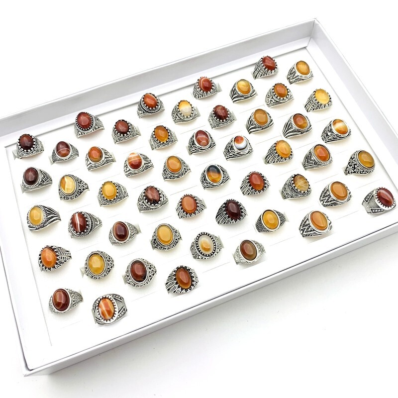 Wholesale 20pcs Rings Silver Color Red Agate Stone Men Women Fashion Jewelry