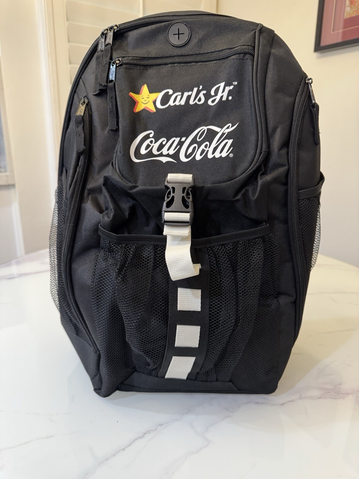 New Coca Cola Carl's Jr 20 Inch BackPack - Insulated Side Pockets Collectible