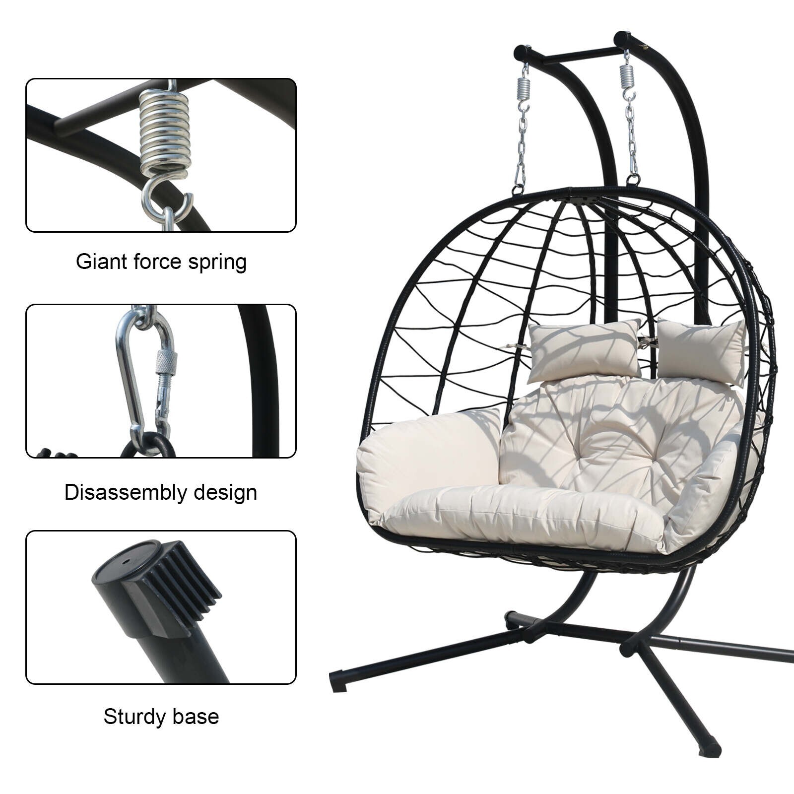 2-Person Hanging Egg Chairs for Outside Double Porch Swing Chair with Stand