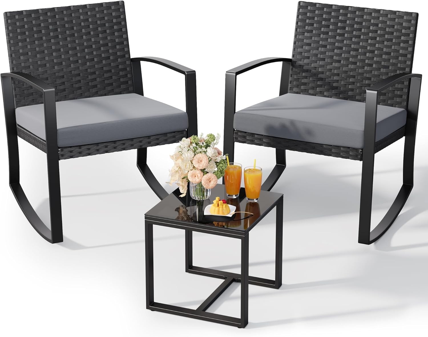 3 Pieces Outdoor Patio Furniture Set Rocking Bistro Set Outdoor Rattan