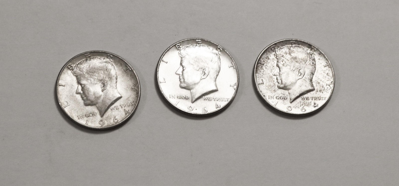 Three 1964 90% Silver Kennedy Half Dollars