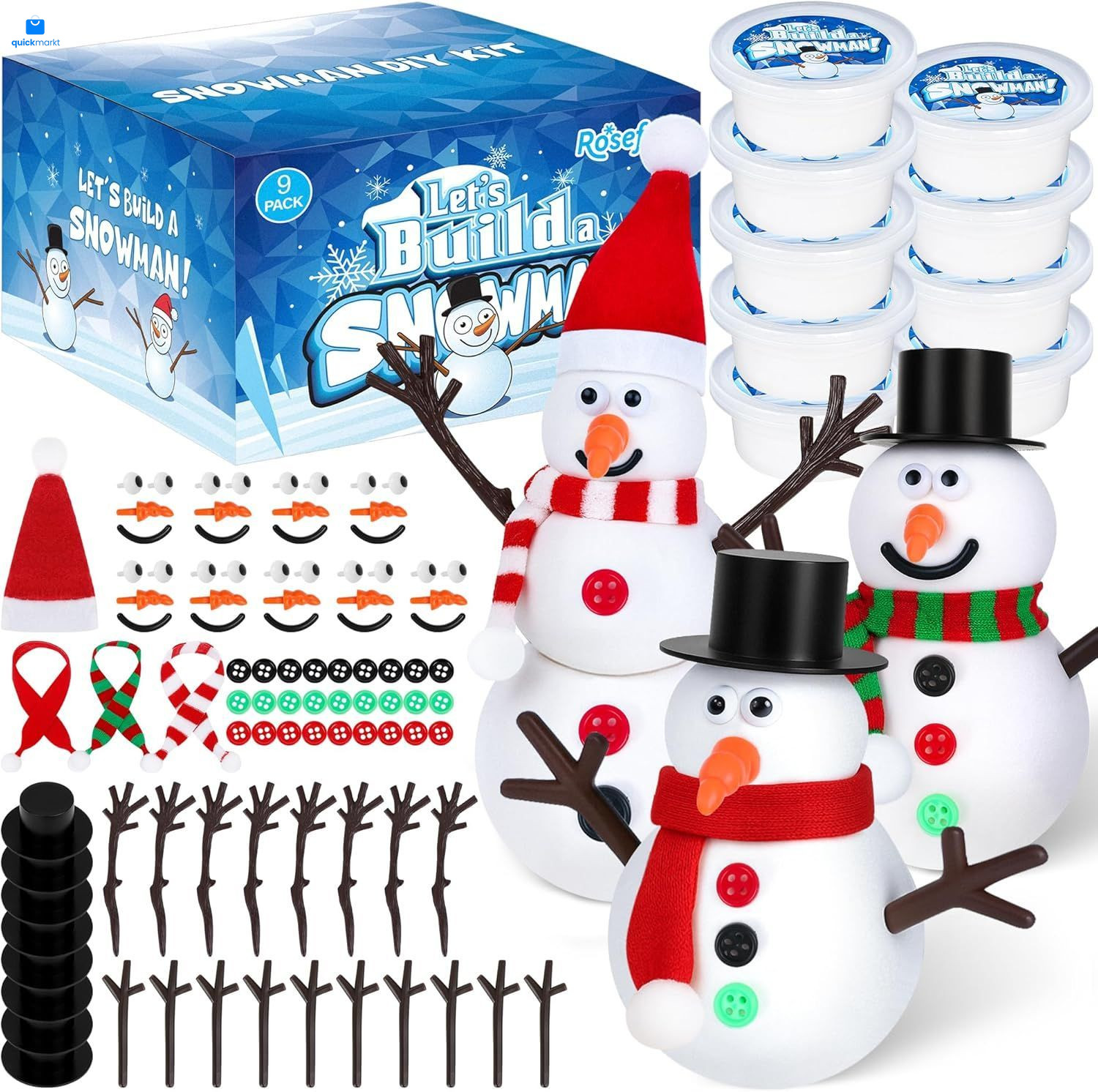 9 Pack Christmas Crafts, DIY Snowman Clay for Kids, Small, White