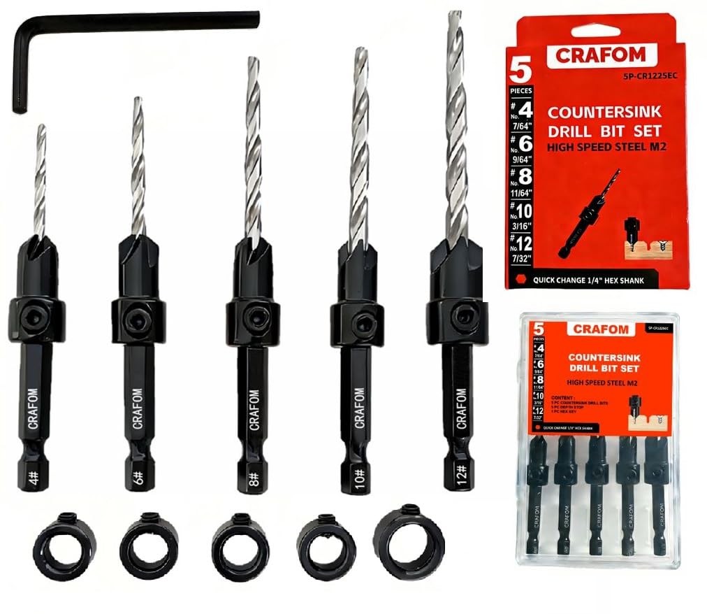 Countersink Drill Bit Set, 5 PCs Counter Sink Drill Bit Adjustable, #4, #6, #...