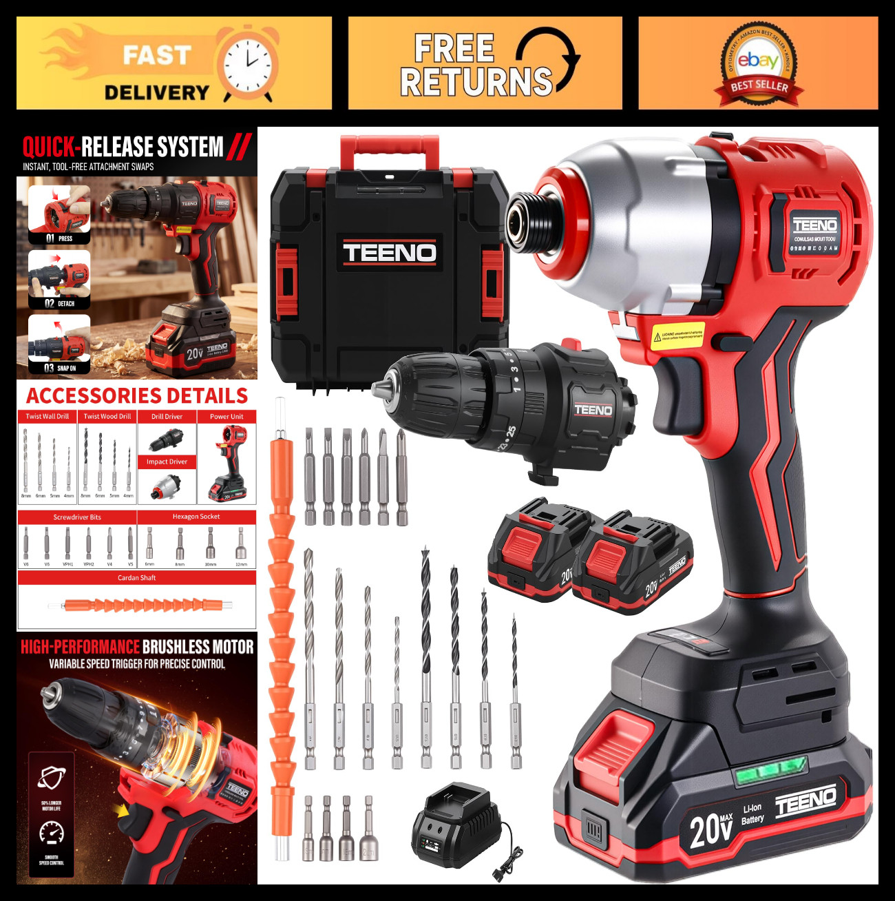 20V Brushless Cordless Drill & Impact Driver Combo Kit, 2x Batteries, 19 Bits, C