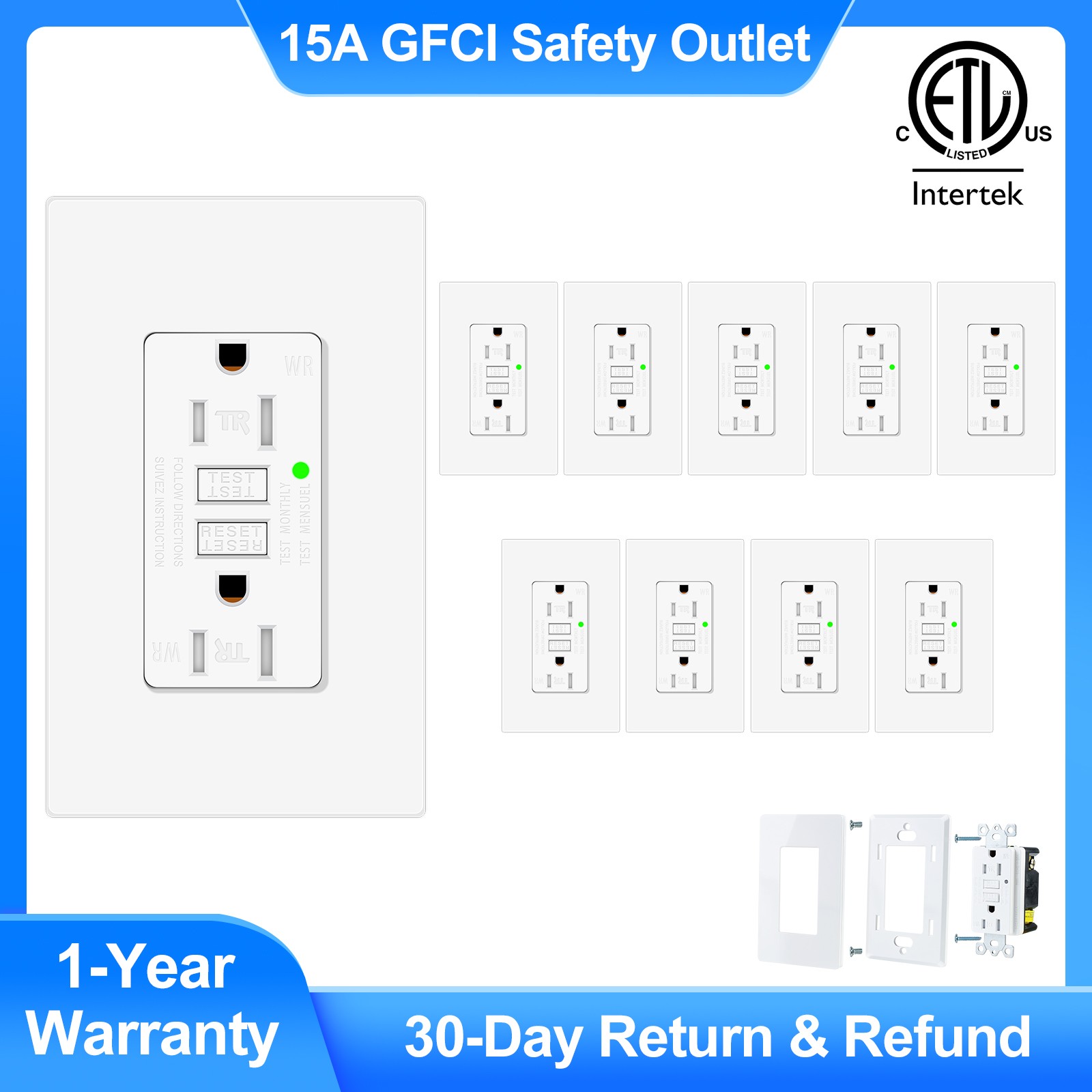 10PK GFCI Outlet 15A LED Indicator WR TR ETL Listed Flame-Retardant + Wall Plate