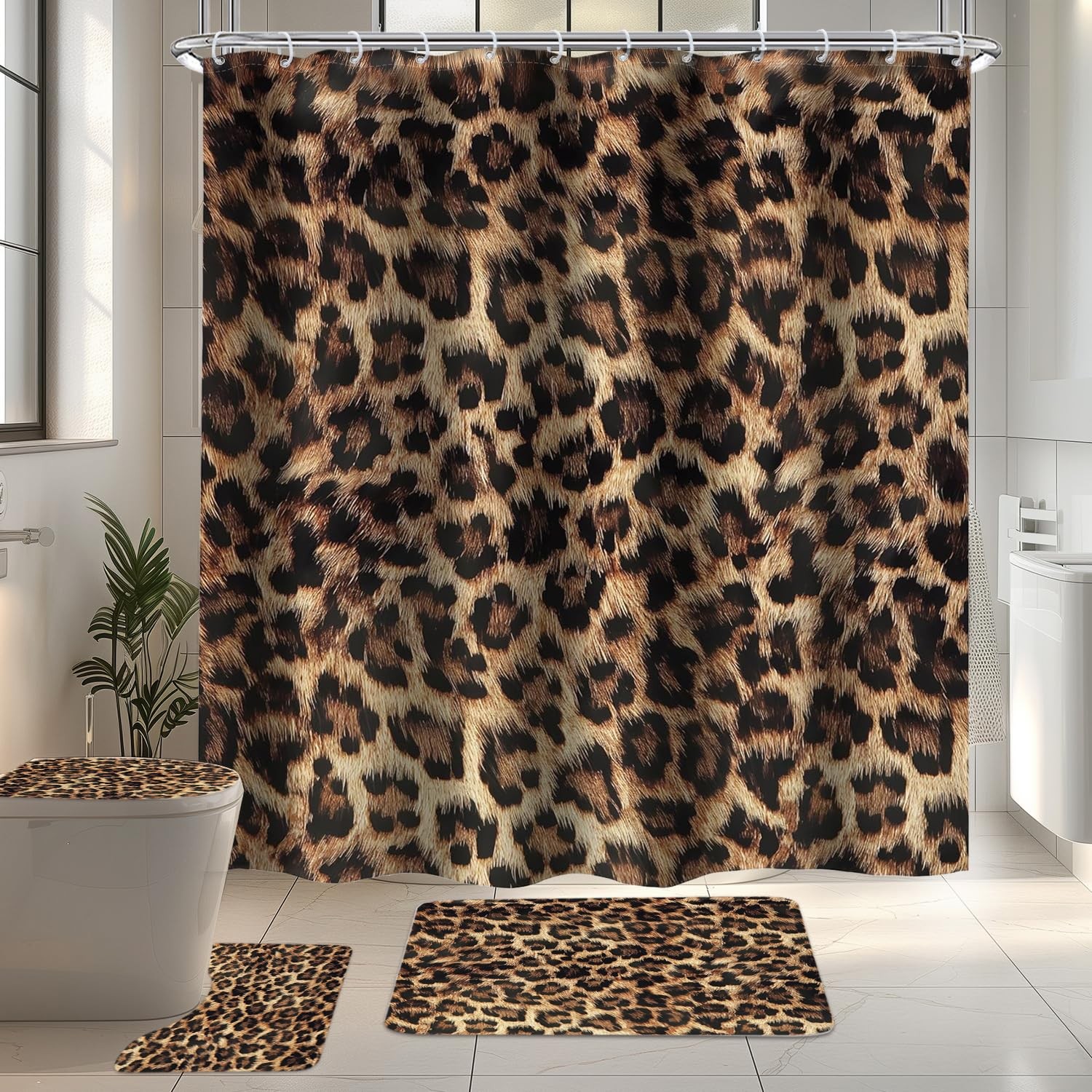 4 PCS Leopard Print Shower Curtain Set 72Wx72H,Toilet Lid Cover,Non-Slip Rugs...