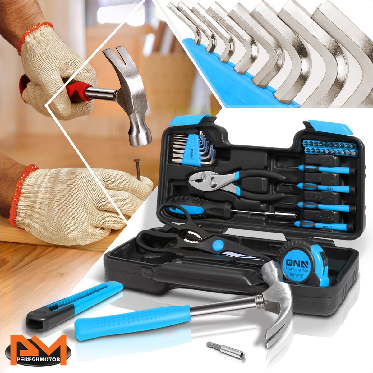 [ScrewdriverHammerPliersScissorUtility Knife] 39Pcs Household Toolbox Blue