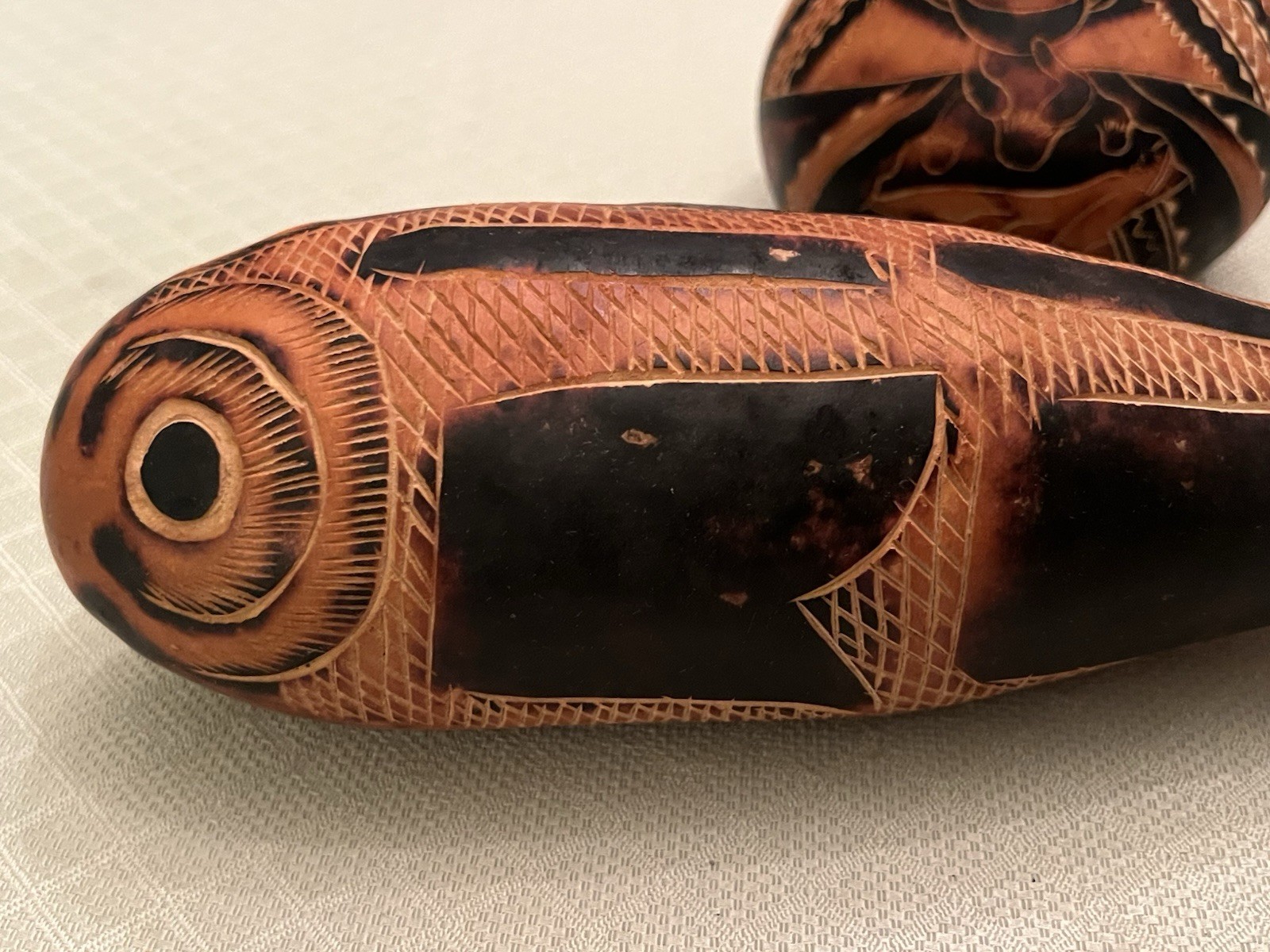 3 X Hand-Carved Decorative Gourd Peru Peruvian Folk Art Woman Fish Bird 1980’s