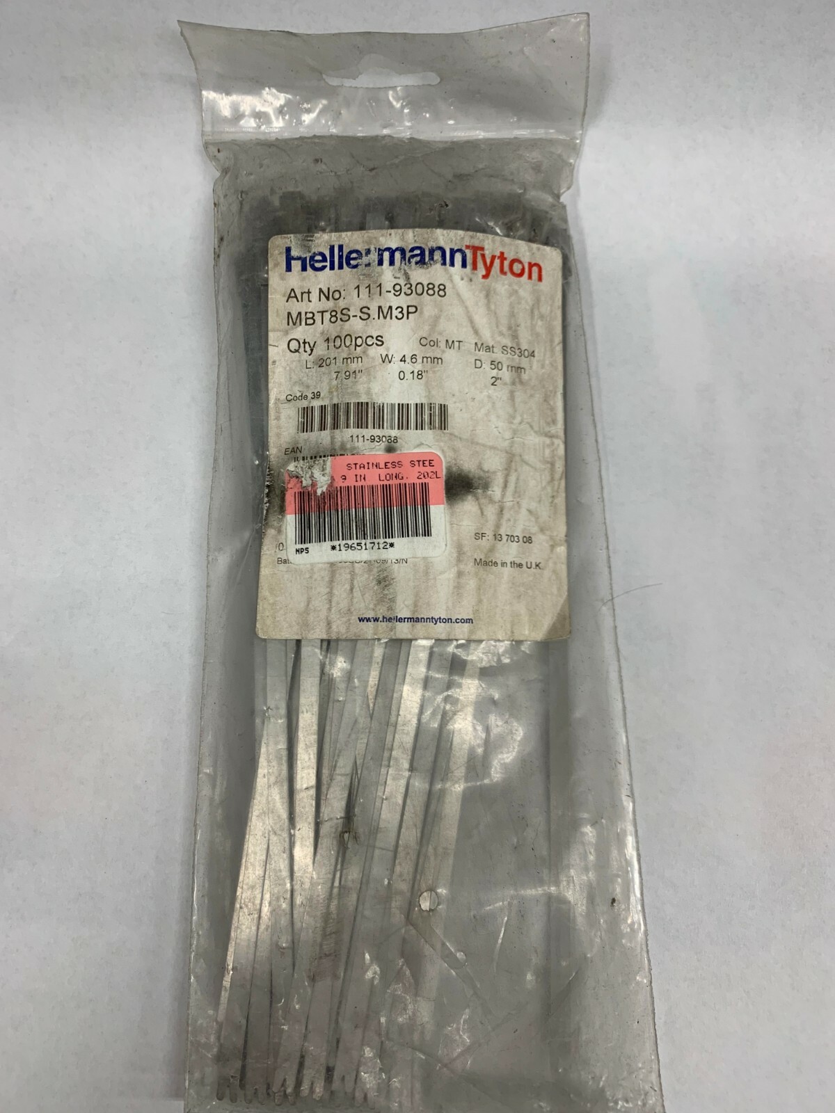 QTY/100 HellermannTyton 11-93088 Cable Tie, Metallic Silver