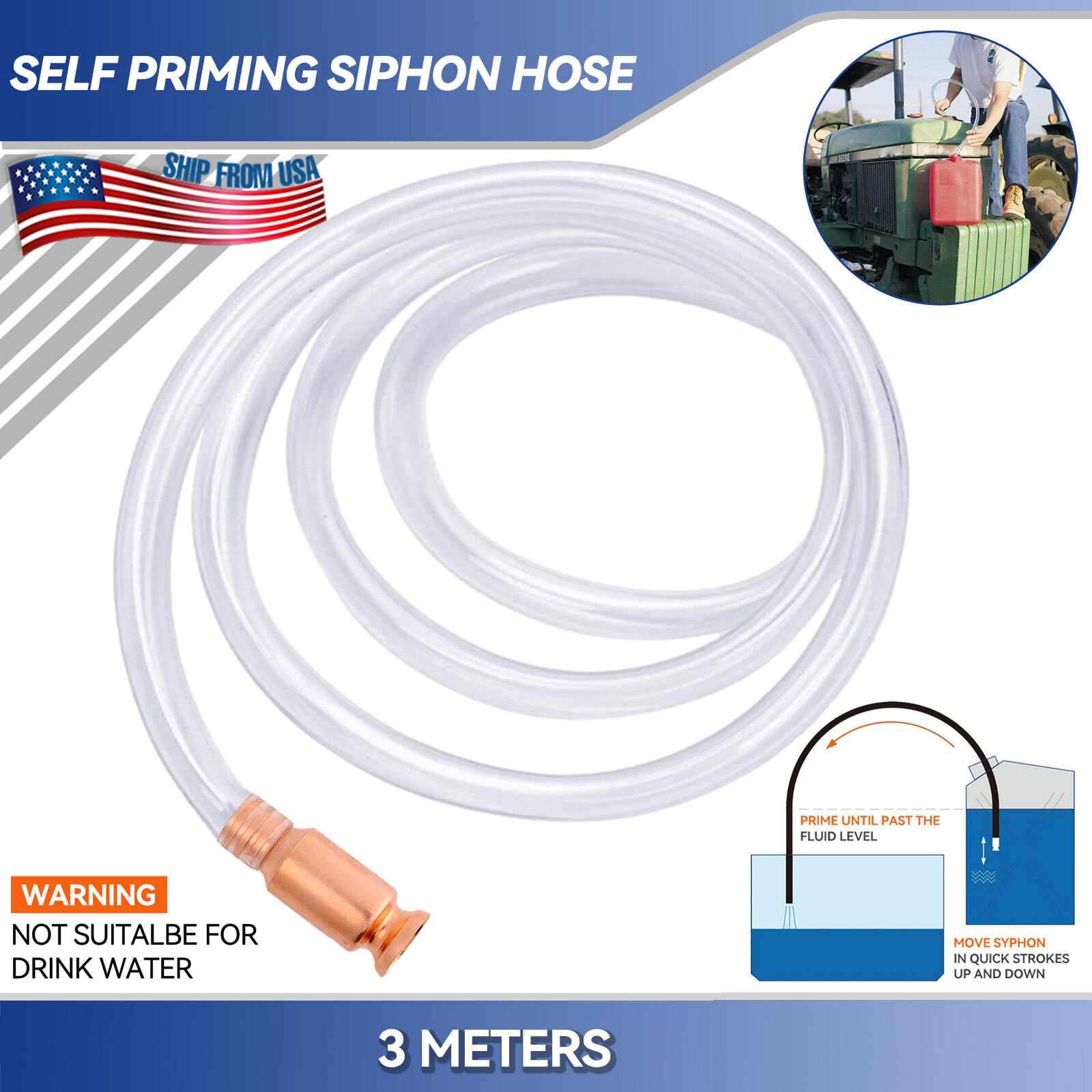 10FT X3/4" Siphon Hose Pump Self Priming Jiggler Shaker Transfer Fuel Water Oil.