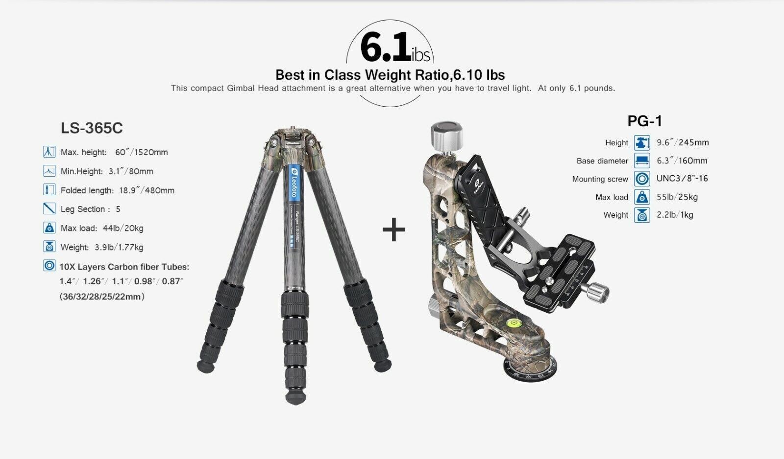 Leofoto LS-365C + PG-1 Camouflage Carbon Fiber Tripod + Gimbal Head