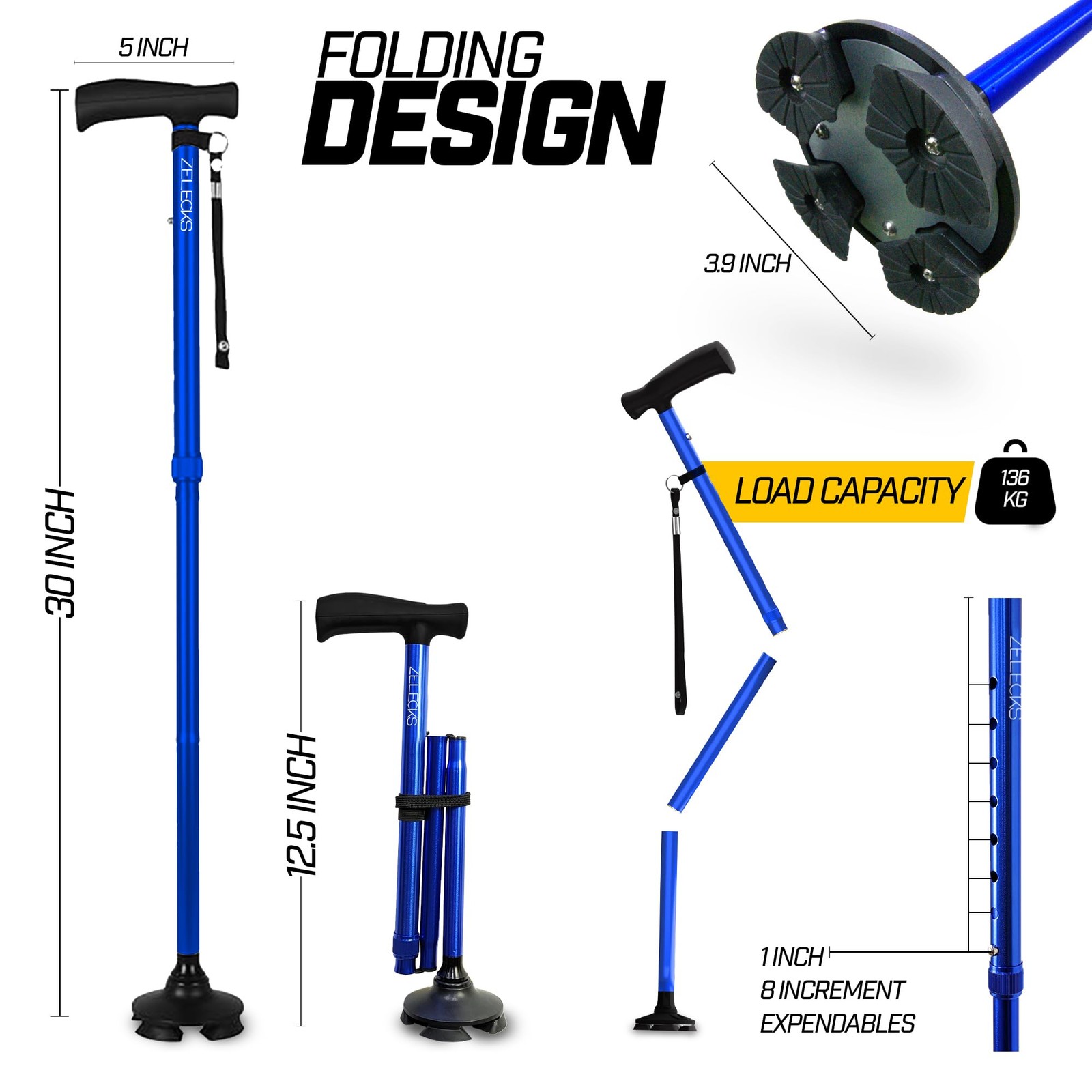 ZELECKS Walking Cane for Women & Men - Self Standing Adjustable Folding Cane