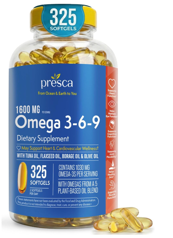 PRESCA Omega 3-6-9 Fish Oil Supplement 325 Ct Heart Eye EXP 09/28