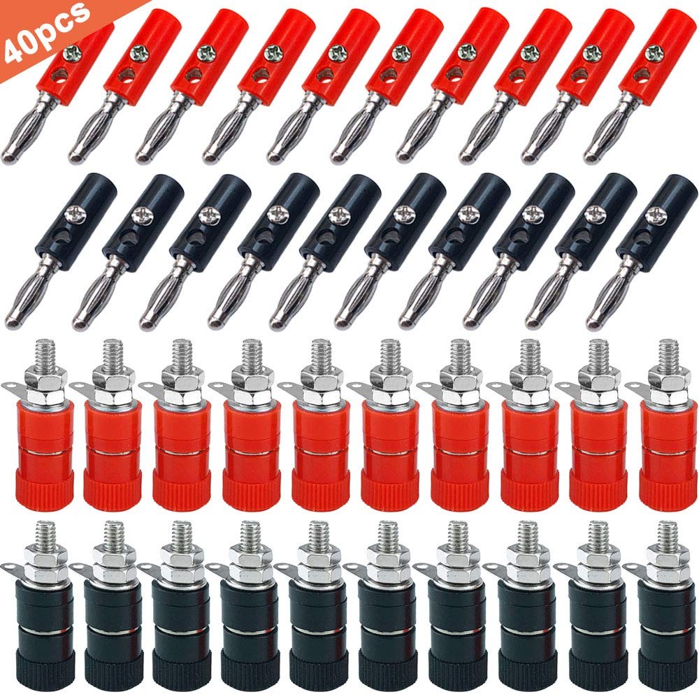 QitinDasen 20 Pairs 4 mm Banana Plug Socket Connectors, Nickel Red, Black
