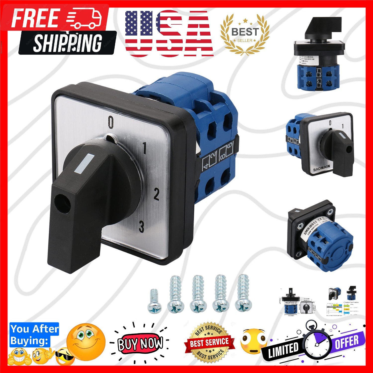 20A 660V Rotary Cam Changeover Switch, 4 Position 8 Terminal -20/0-3.2, Selec...
