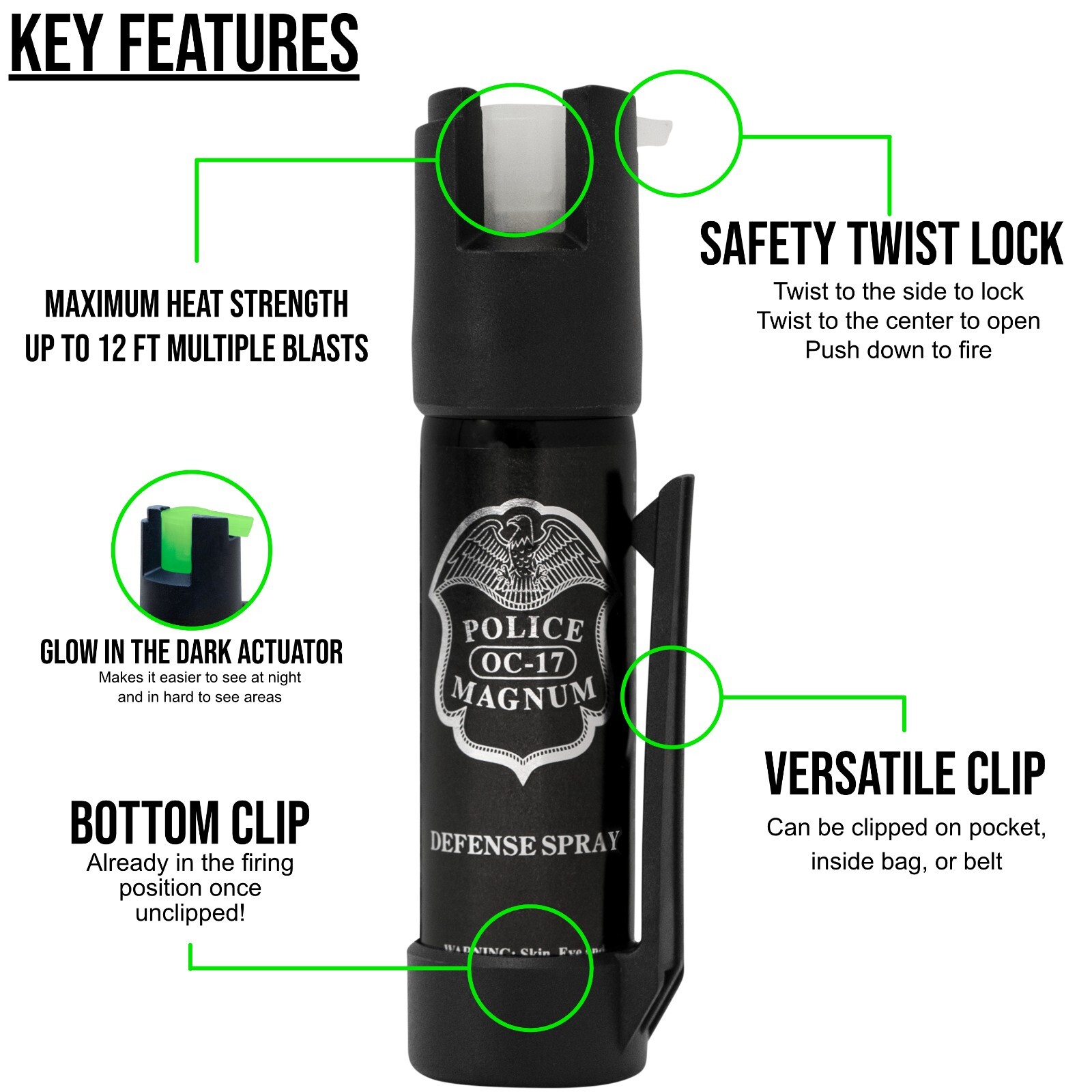 2 Police Magnum glow in dark pepper spray .75oz GID bottom clip self defense