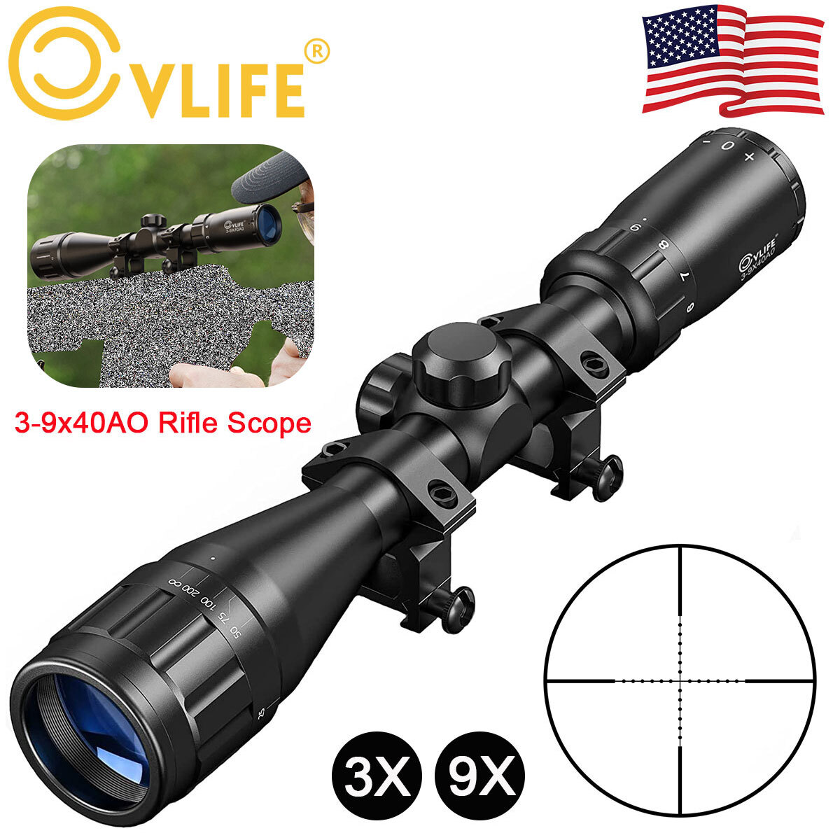 3-9X40 Hunting Rifle Scope Optics R4 Reticle Crosshair Gun Scope + 1' Tube Rings