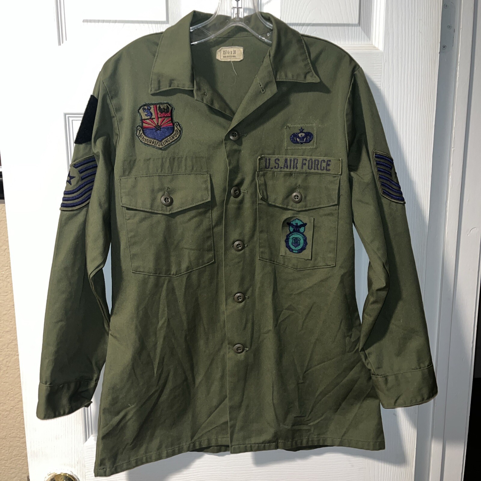 VTG Military Shirt 15.5x31 OG 507 US Air Force 161 Stair Refueling Group Sgt