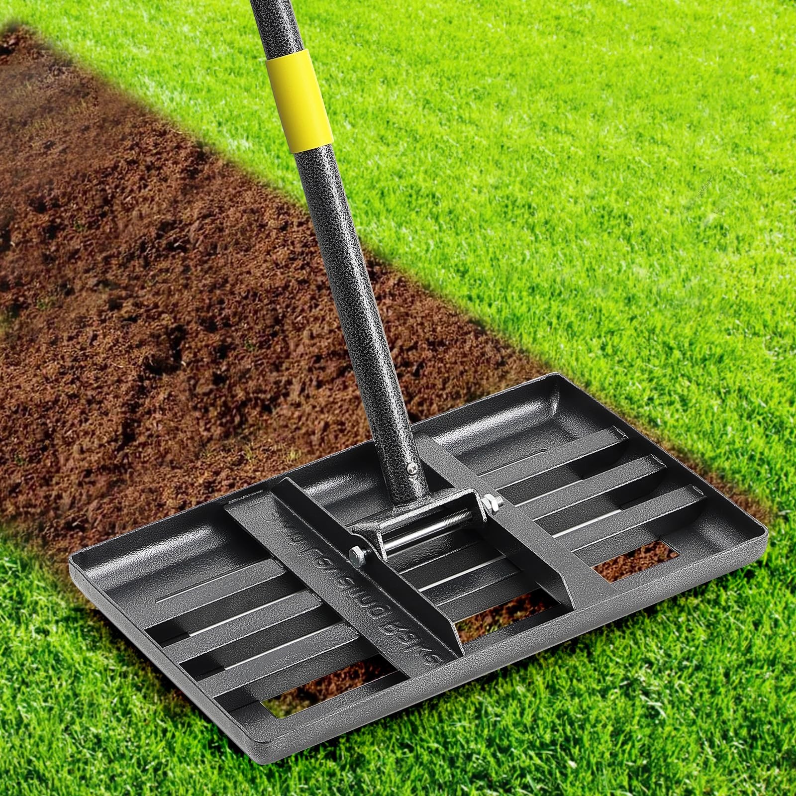 Lawn Leveling Rake 17"x10" Curved Plate 58" Handle for Soil & Grass Care