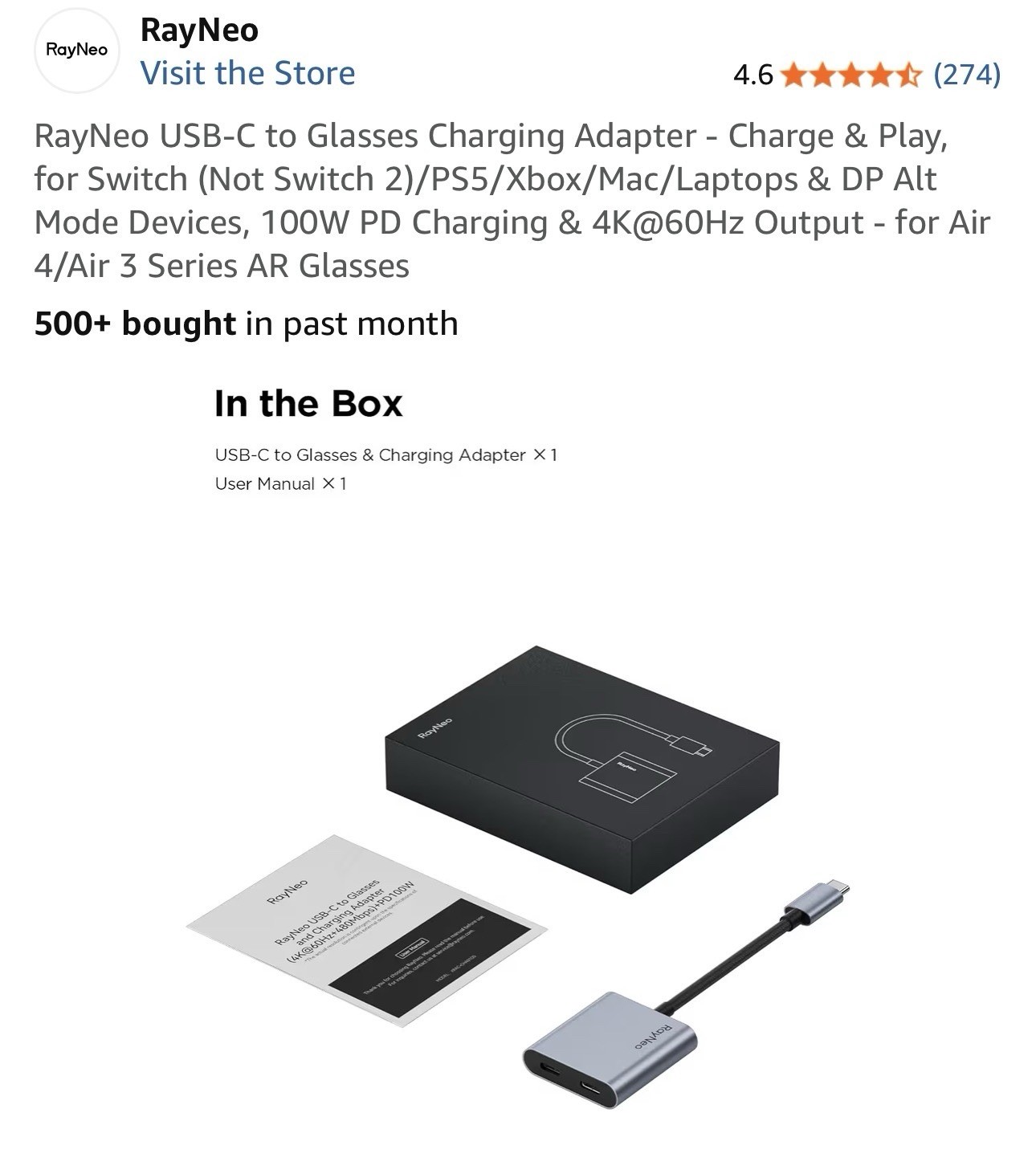 RayNeo USB-C to Glasses Charging Adapter - Charge & Play, for Switch