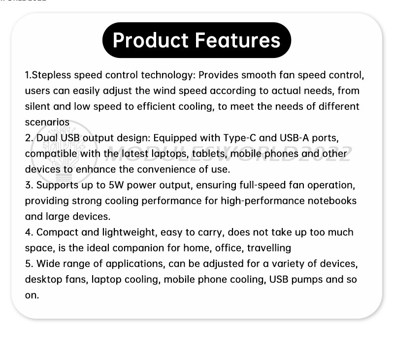 5W DC5V2A Fan Controller Stepless Speed Control w/ Switch USB Protection Type-C