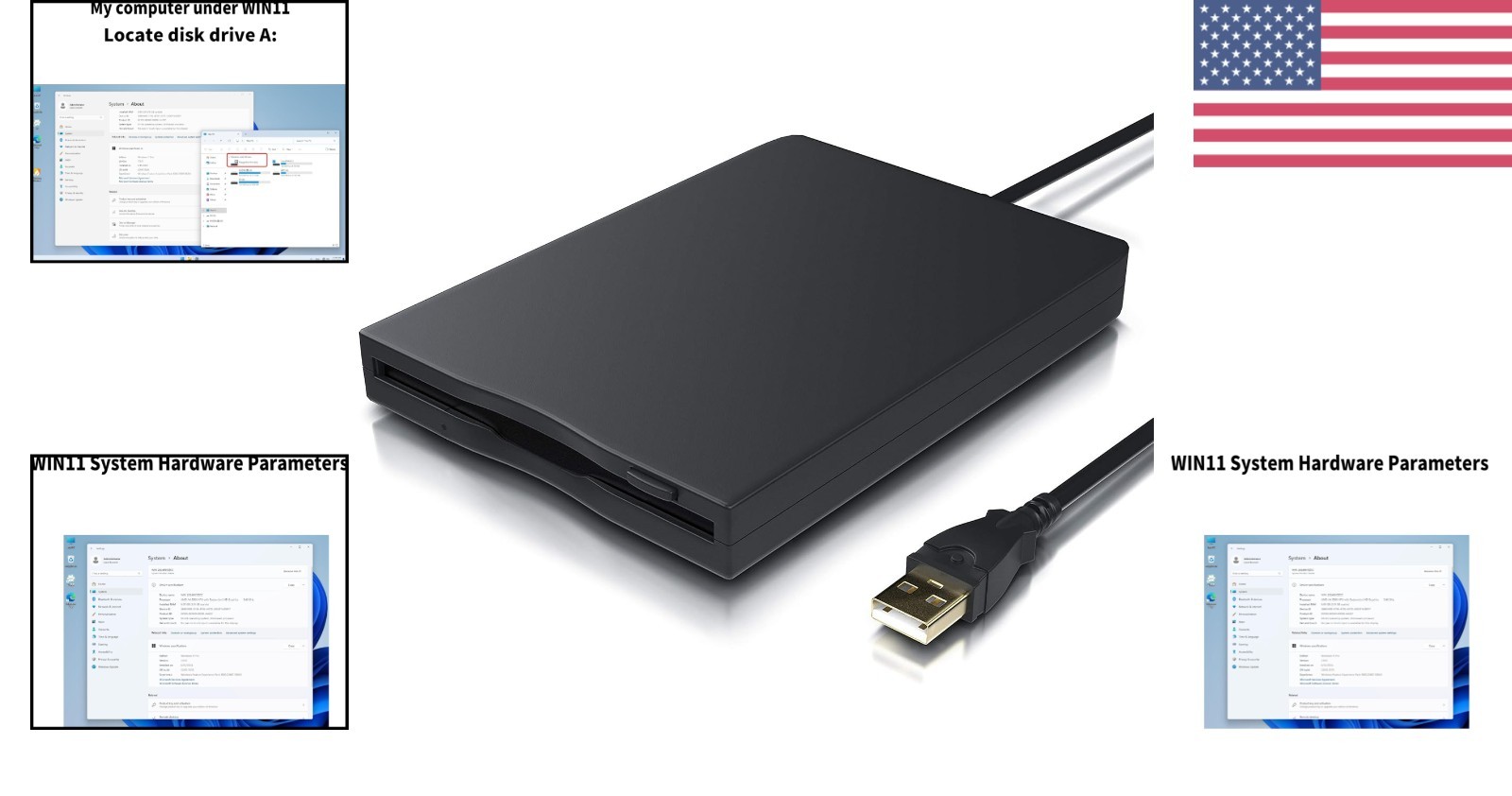 External USB Floppy Disk Drive 1.44 MB Reader for Windows 11/10/8/7/XP Black